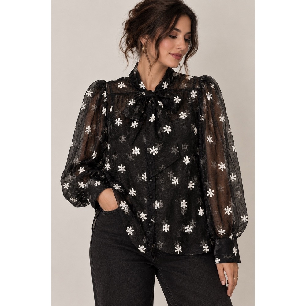 Unique Vintage Top Womens XL Black Snowflake Sheer Chiffon Neck Bow Holiday